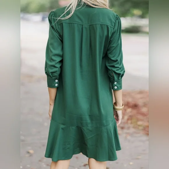 Women's Tunic Mini Shirt ruffle Hem Cotton dress XL Green - Picture 2 of 4